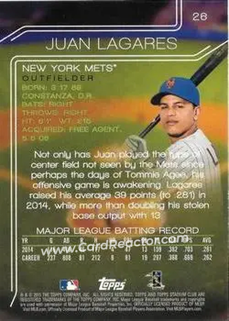 2015 Stadium Club #26 - Juan Lagares - New York Mets - Back 2015 Stadium Club #26 - Juan Lagares - New York Mets - Back