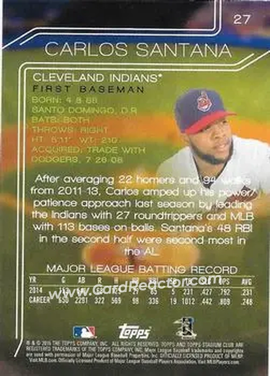 2015 Stadium Club #27 - Carlos Santana - Cleveland Indians - Back 2015 Stadium Club #27 - Carlos Santana - Cleveland Indians - Back