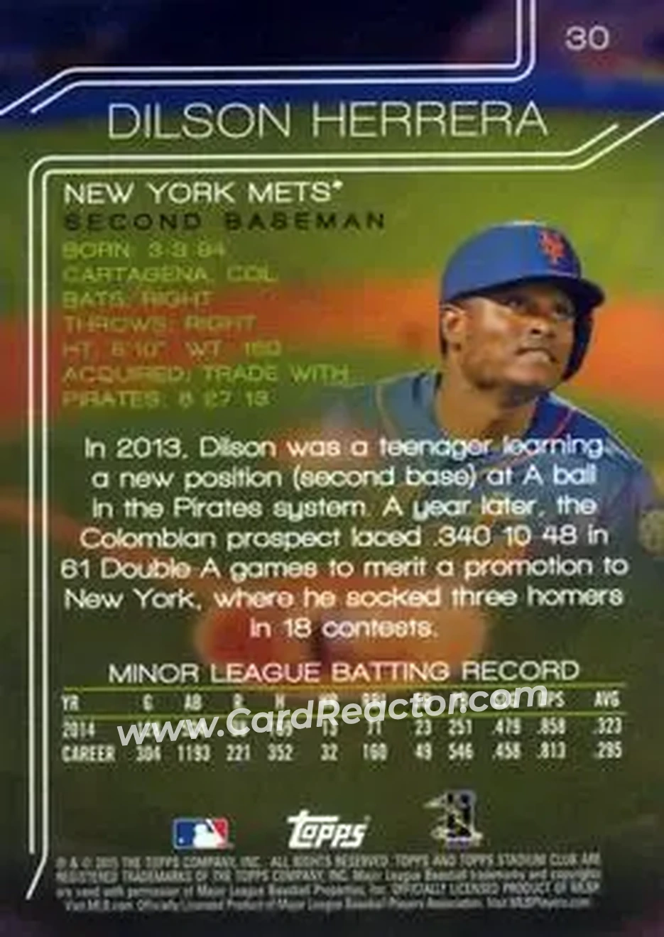 2015 Stadium Club #30 - Dilson Herrera - New York Mets - Back