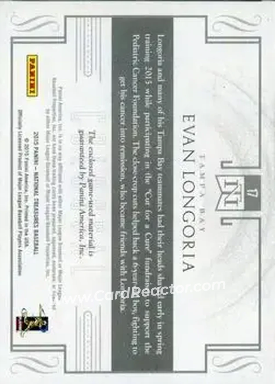 2015 Panini National Treasures - Colossal #17 - Evan Longoria - Tampa Bay Rays - Back