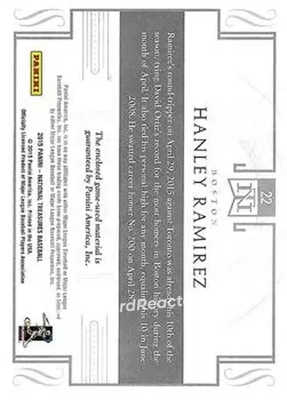 2015 Panini National Treasures - Colossal #22 - Hanley Ramirez - Boston Red Sox - Back