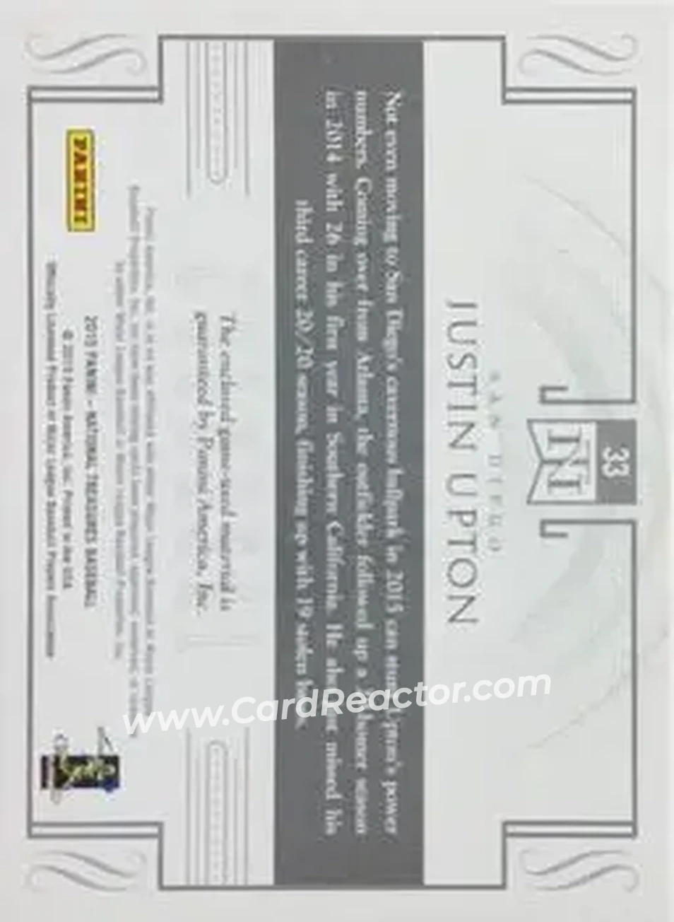 2015 Panini National Treasures - Colossal #33 - Justin Upton - San Diego Padres - Back