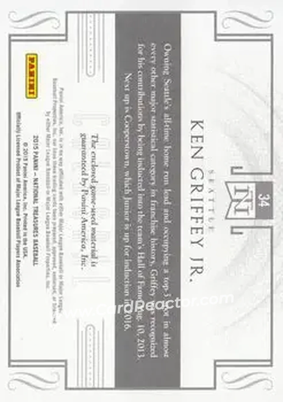 2015 Panini National Treasures - Colossal #34 - Ken Griffey Jr. - Seattle Mariners - Back