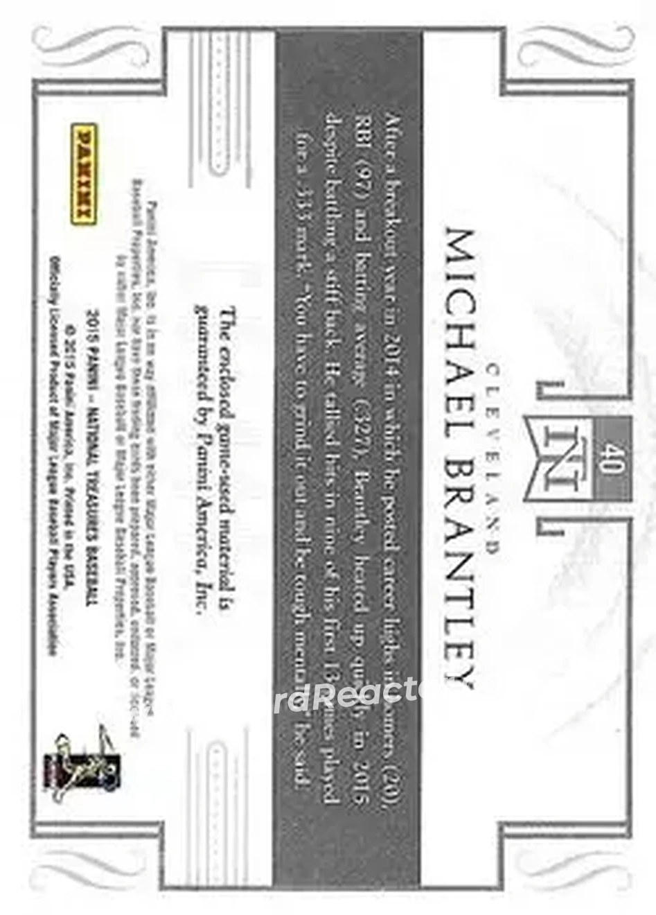 2015 Panini National Treasures - Colossal #40 - Michael Brantley - Cleveland Indians - Back
