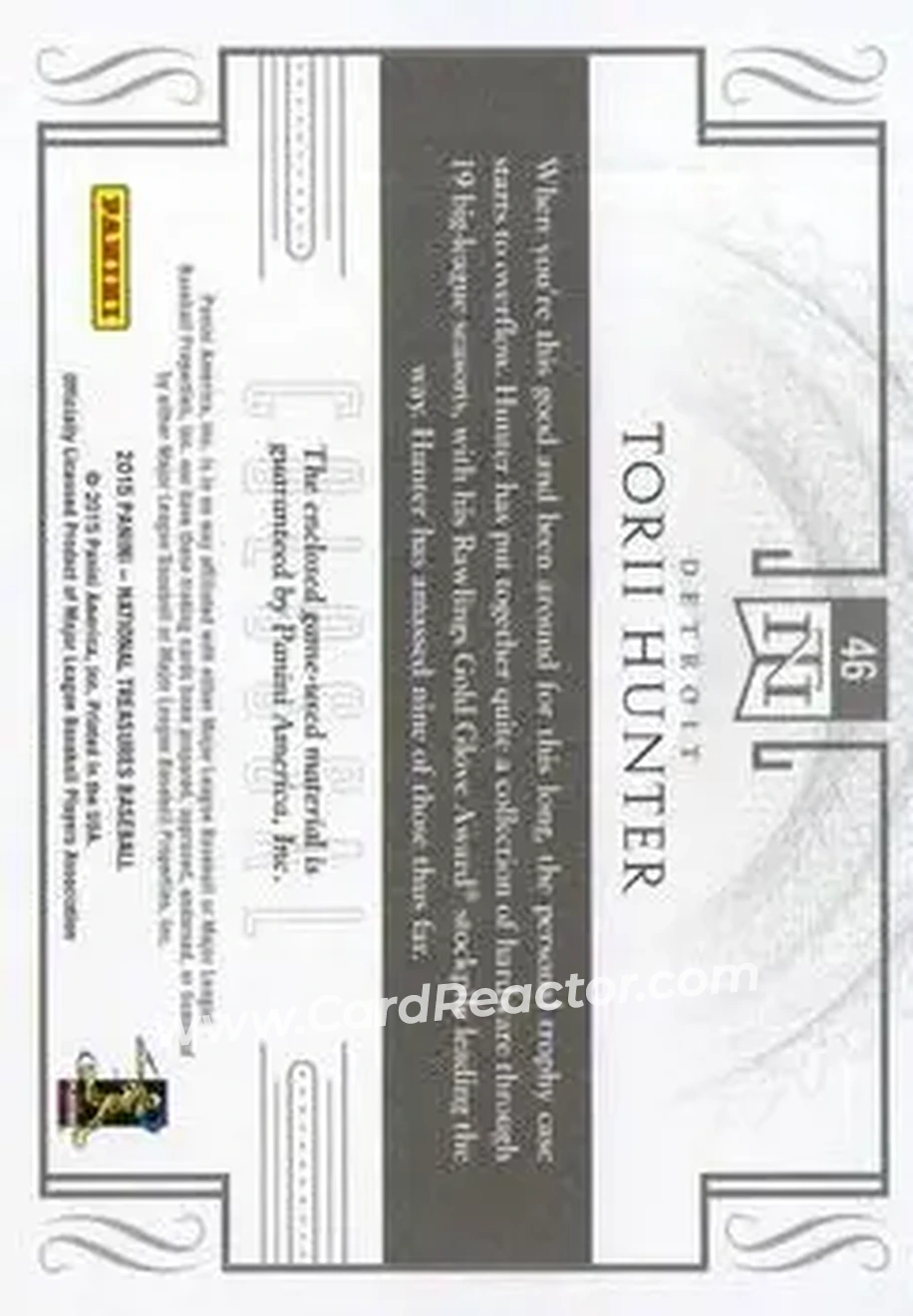 2015 Panini National Treasures - Colossal #46 - Torii Hunter - Detroit Tigers - Back