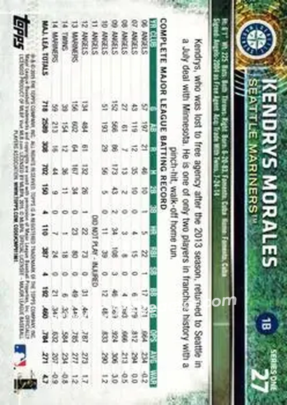 2015 Topps #27 - Kendrys Morales - Seattle Mariners - Back 2015 Topps #27 - Kendrys Morales - Seattle Mariners - Back