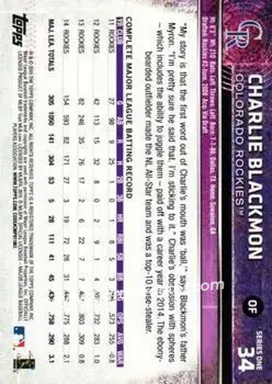 2015 Topps #34 - Charlie Blackmon - Colorado Rockies - Back