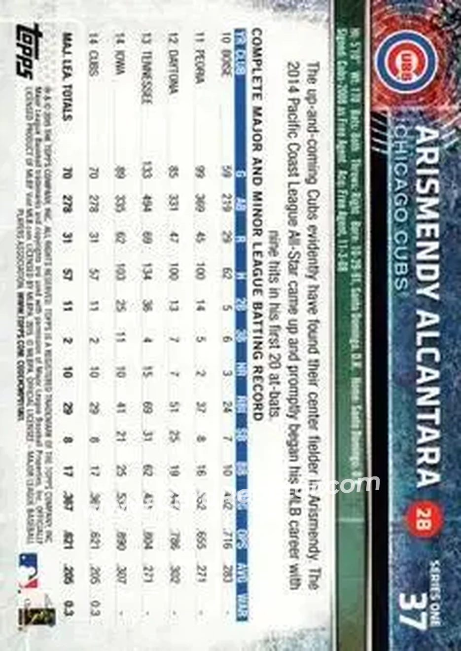 2015 Topps #37 - Arismendy Alcantara - Chicago Cubs - Back 2015 Topps #37 - Arismendy Alcantara - Chicago Cubs - Back