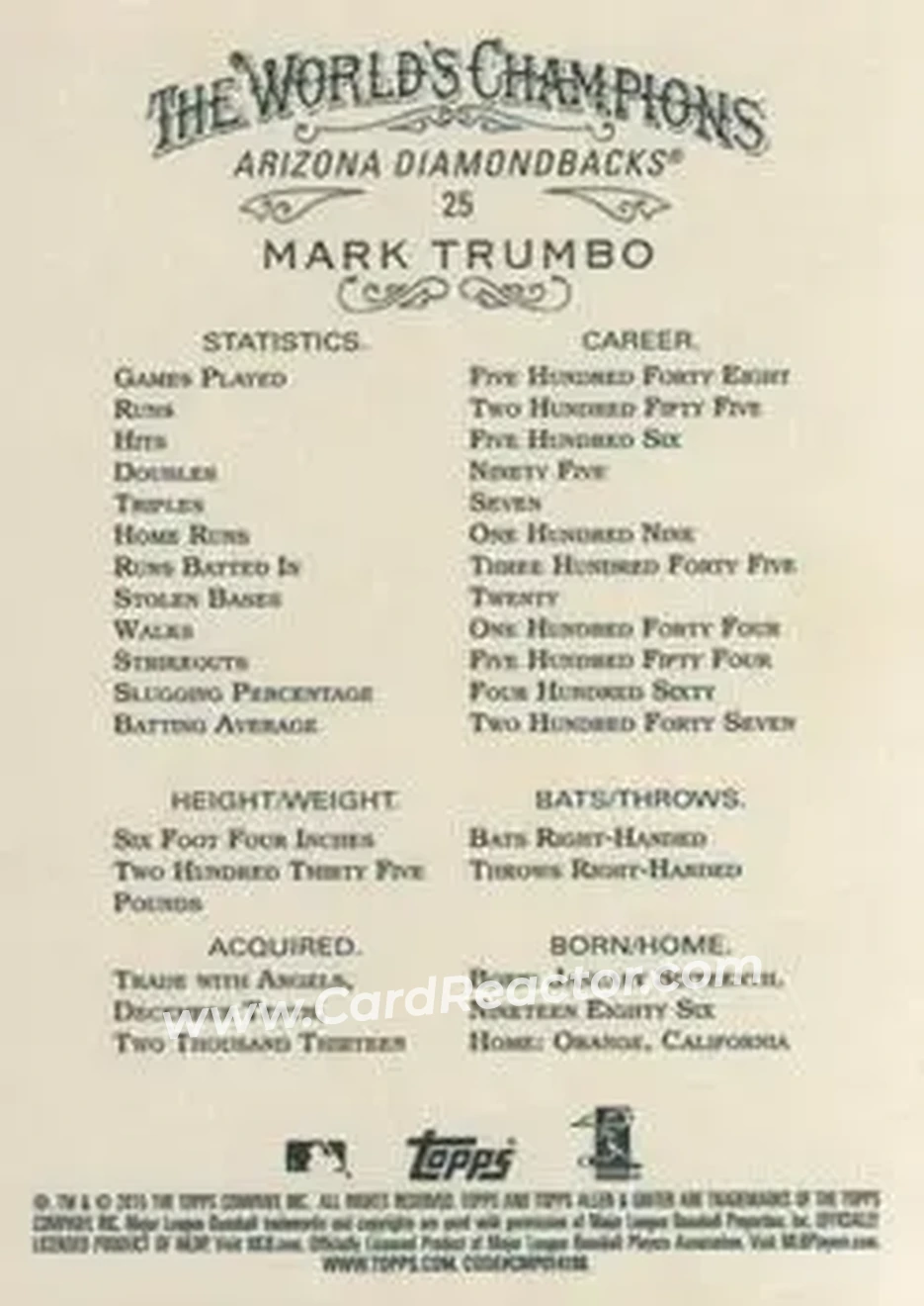 2015 Topps Allen & Ginter #25 - Mark Trumbo - Arizona Diamondbacks - Back
