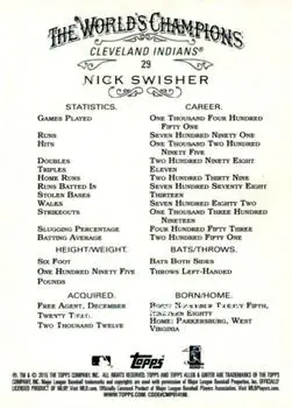 2015 Topps Allen & Ginter X #29 - Nick Swisher - Cleveland Indians - Back