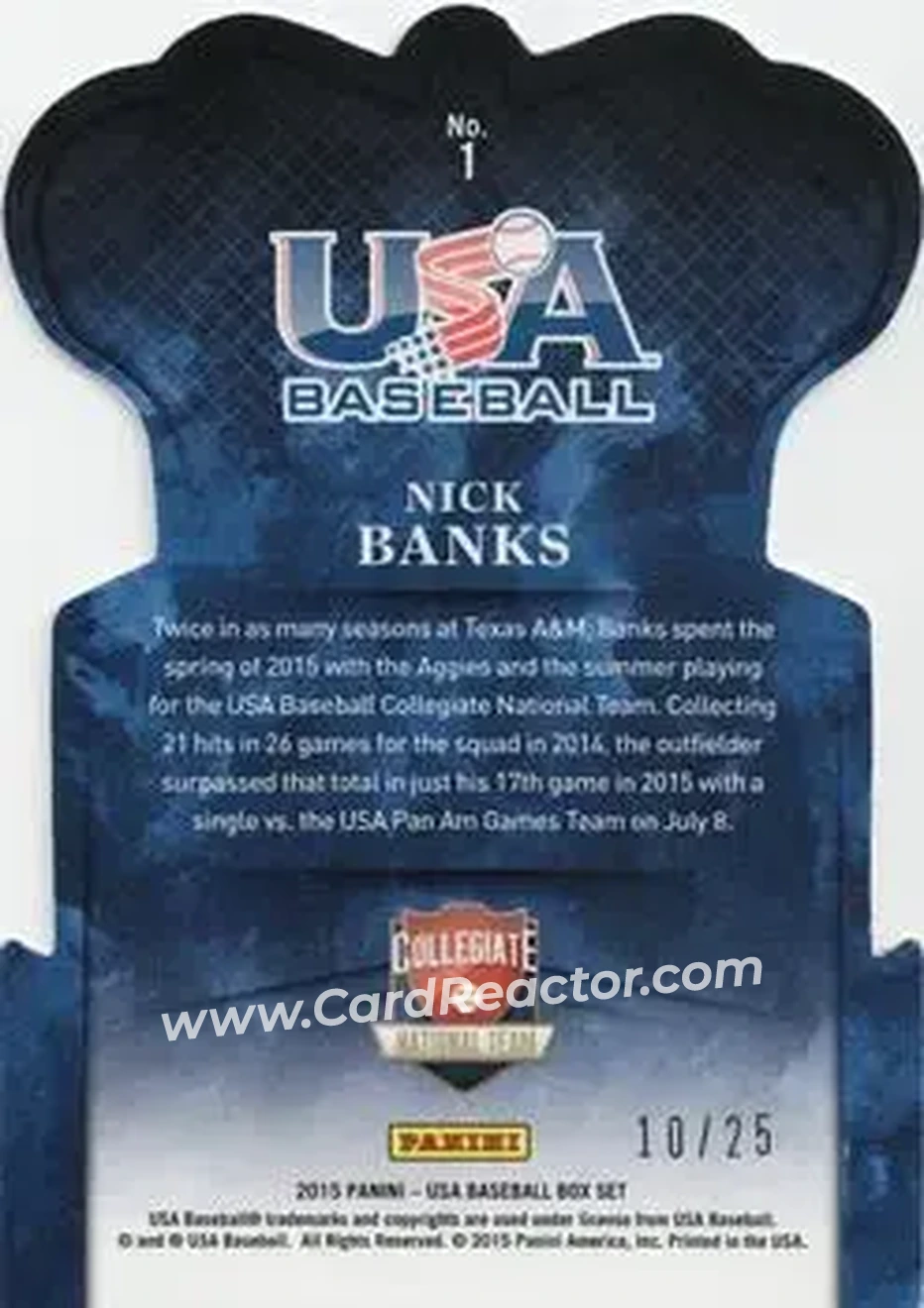 2015 Panini USA Baseball - Crown Royale Blue #1 - Nick Banks - USA - Back 2015 Panini USA Baseball - Crown Royale Blue #1 - Nick Banks - USA - Back