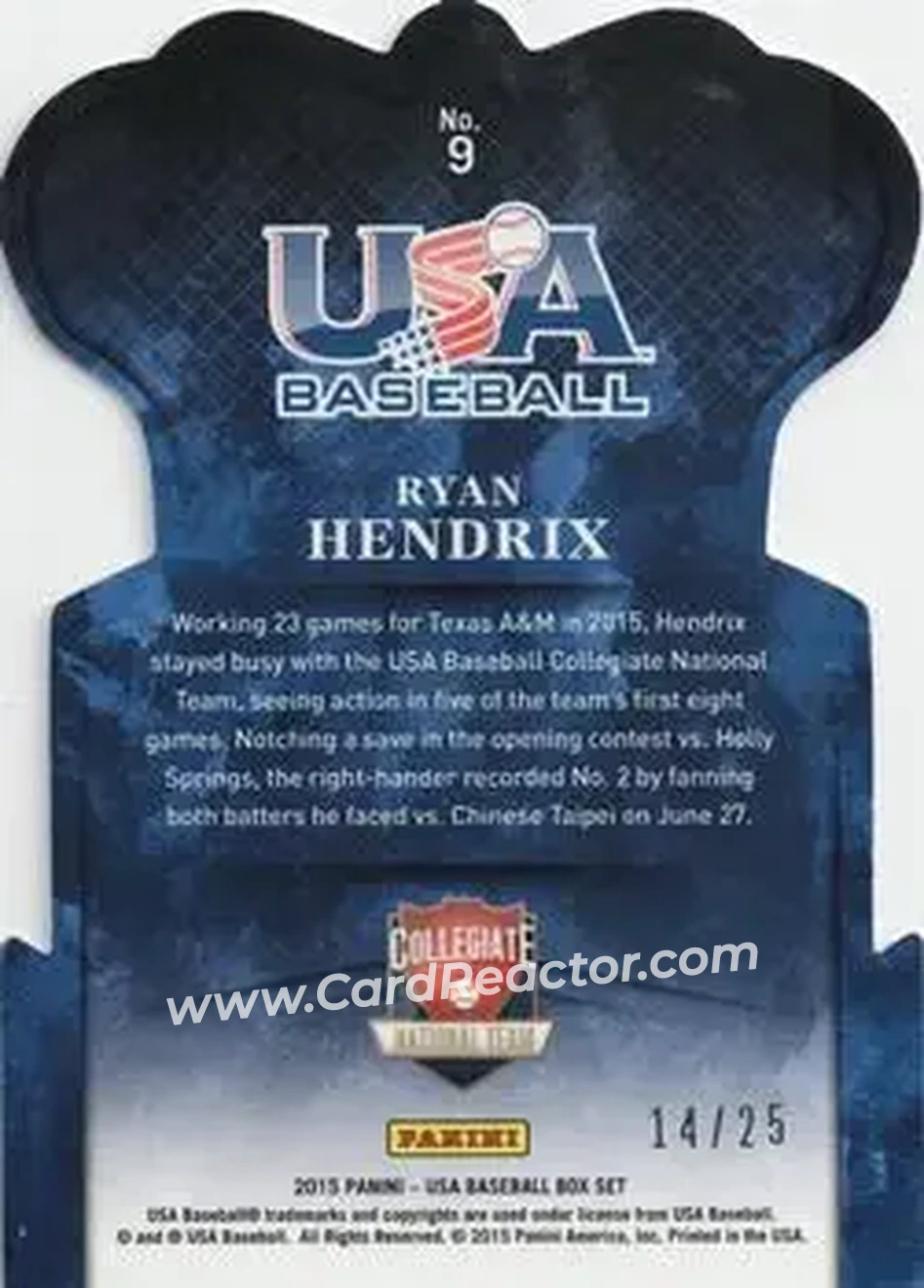 2015 Panini USA Baseball - Crown Royale Blue #9 - Ryan Hendrix - USA - Back