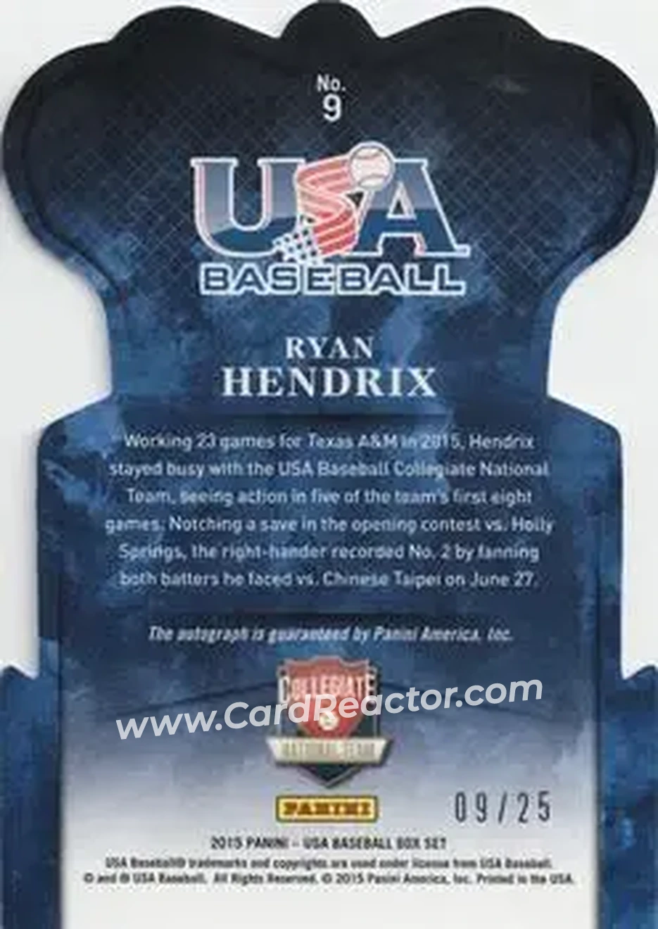 2015 Panini USA Baseball - Crown Royale Blue Signatures #9 - Ryan Hendrix - USA - Back