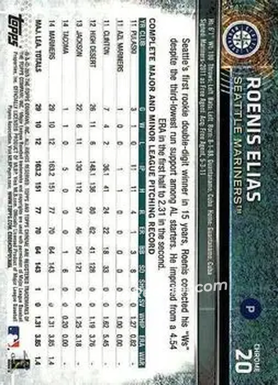 2015 Topps Chrome #20 - Roenis Elías - Seattle Mariners - Back