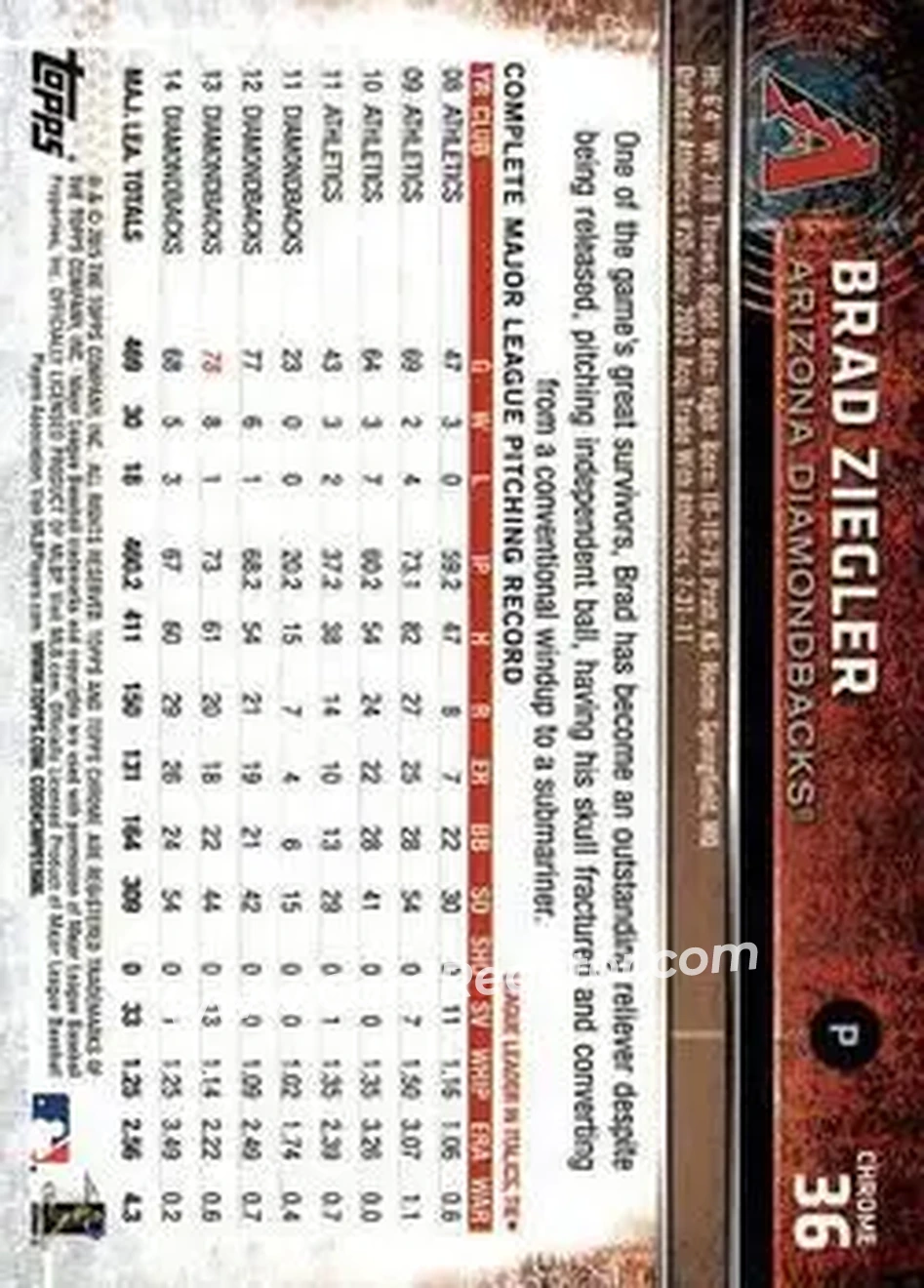 2015 Topps Chrome #36 - Brad Ziegler - Arizona Diamondbacks - Back