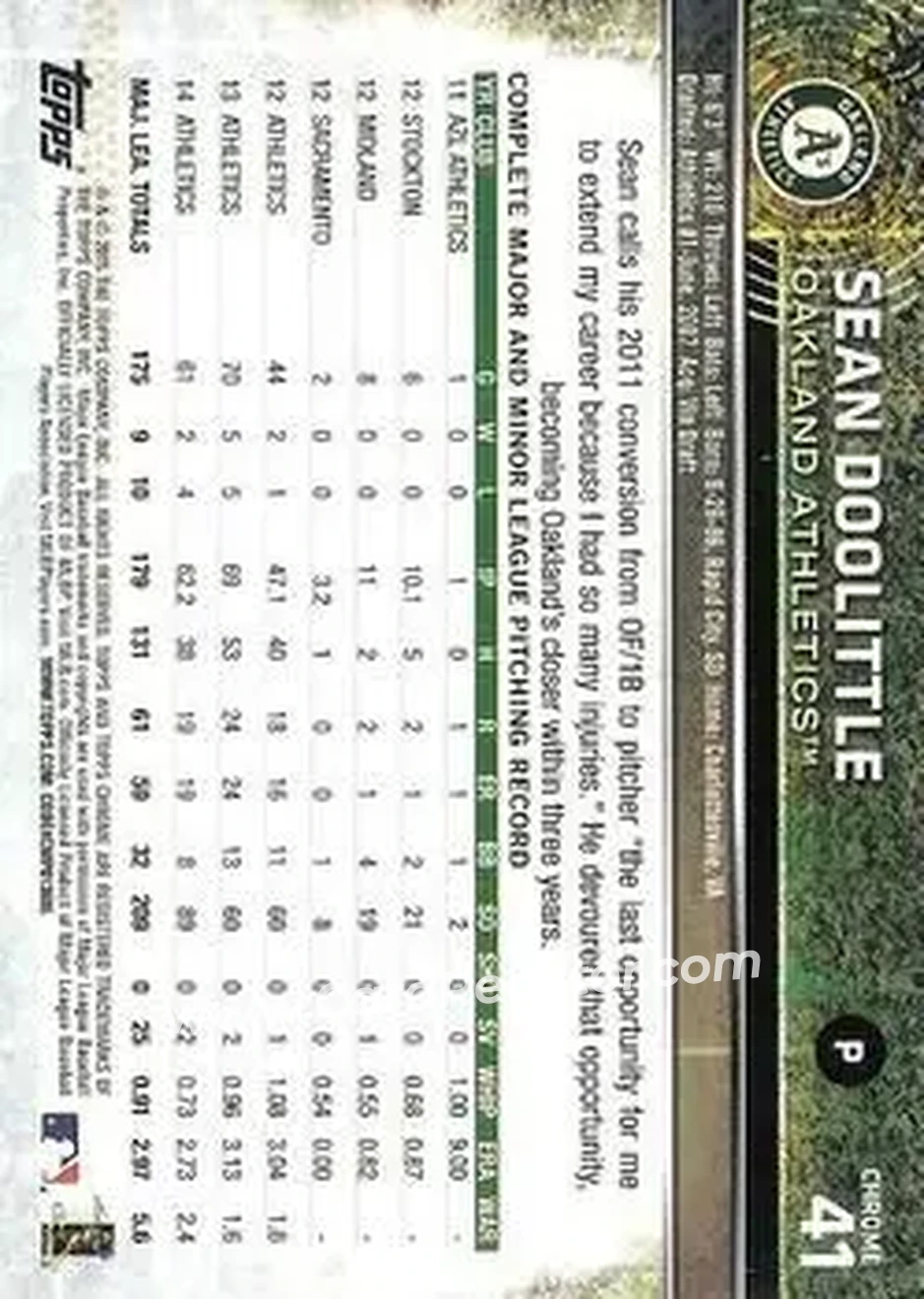 2015 Topps Chrome #41 - Sean Doolittle - Oakland Athletics - Back 2015 Topps Chrome #41 - Sean Doolittle - Oakland Athletics - Back