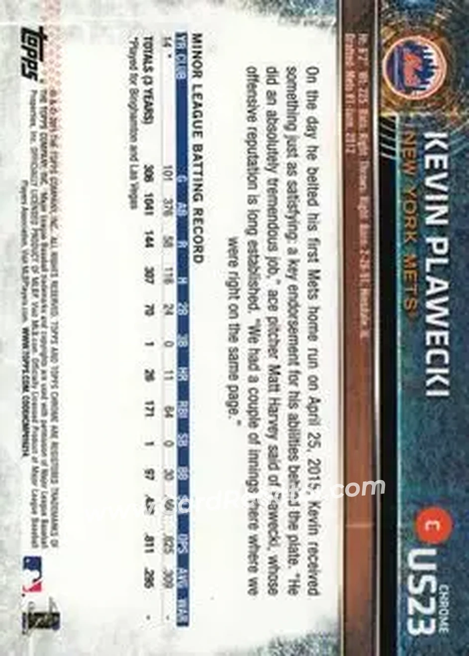2015 Topps Chrome Update #US23 - Kevin Plawecki - New York Mets - Back