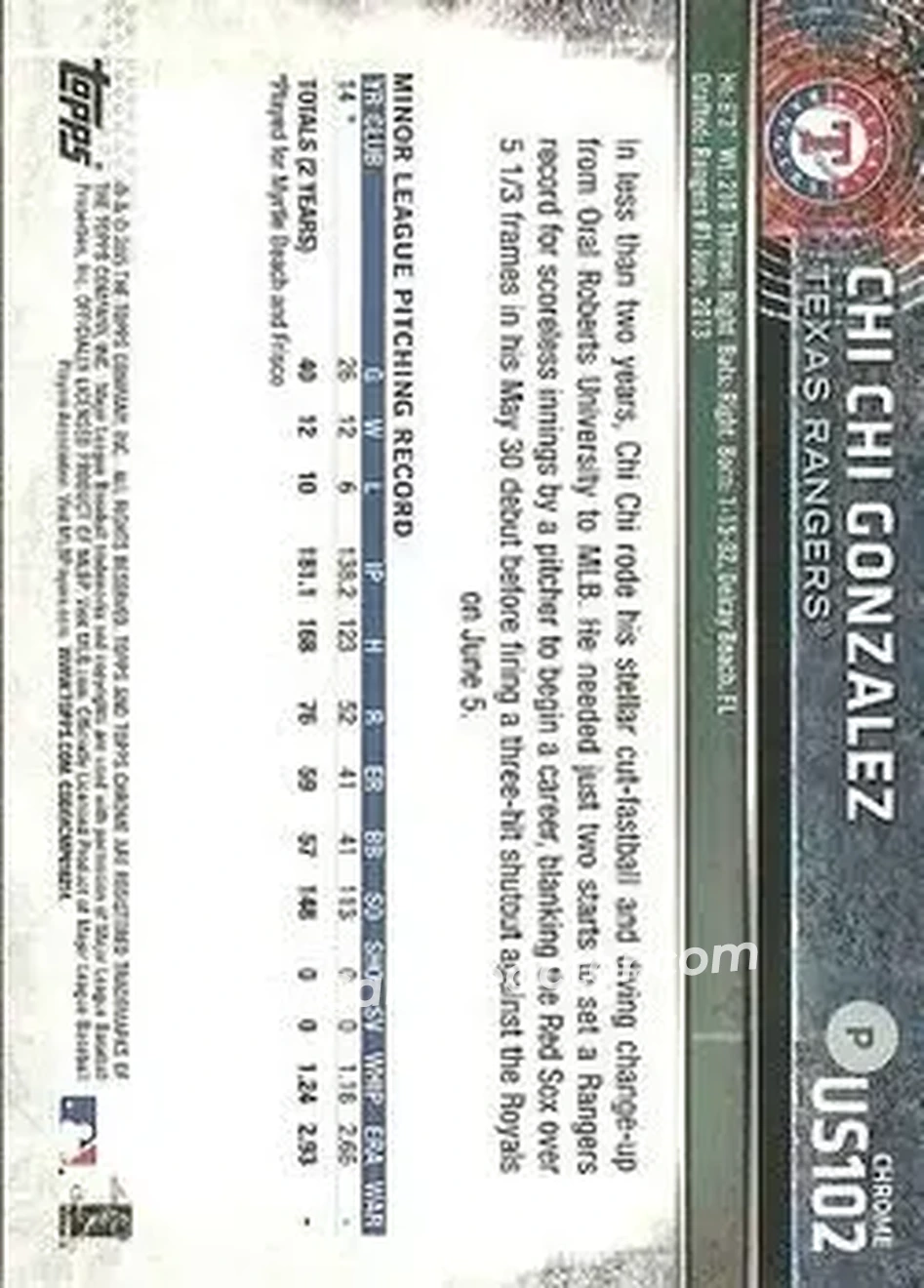 2015 Topps Chrome Update #US102 - Chi Chi Gonzalez - Texas Rangers - Back