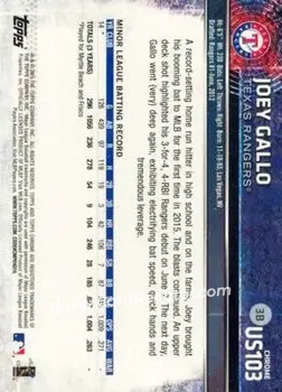 2015 Topps Chrome Update #US103 - Joey Gallo - Texas Rangers - Back