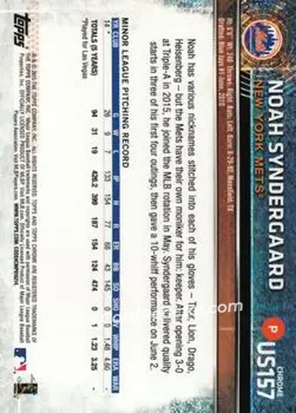 2015 Topps Chrome Update #US157 - Noah Syndergaard - New York Mets - Back