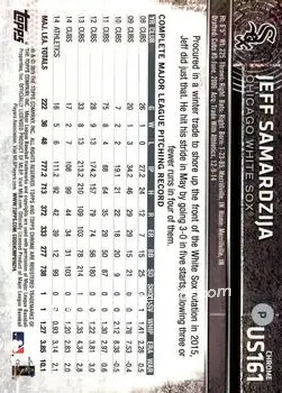 2015 Topps Chrome Update #US161 - Jeff Samardzija - Chicago White Sox - Back