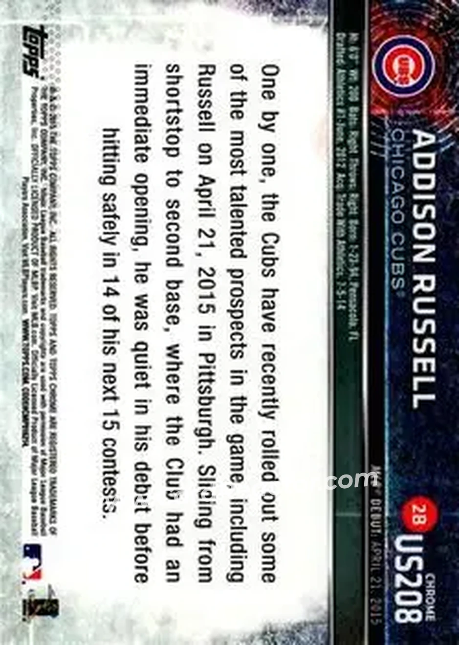 2015 Topps Chrome Update #US208 - Addison Russell - Chicago Cubs - Back 2015 Topps Chrome Update #US208 - Addison Russell - Chicago Cubs - Back