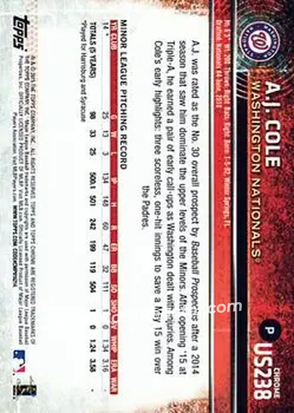2015 Topps Chrome Update #US238 - A.J. Cole - Washington Nationals - Back