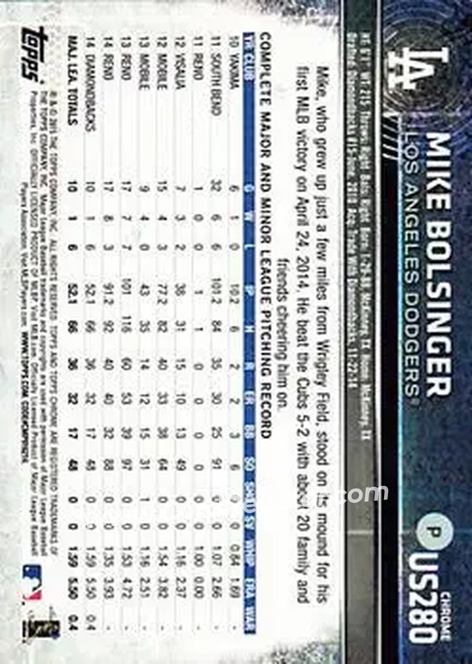 2015 Topps Chrome Update #US280 - Mike Bolsinger - Los Angeles Dodgers - Back