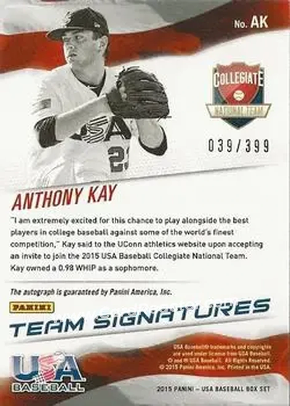 2015 Panini USA Baseball - Collegiate National Team Signatures #AK - Anthony Kay - USA - Back