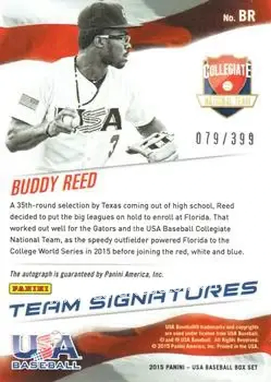 2015 Panini USA Baseball - Collegiate National Team Signatures #BR - Buddy Reed - USA - Back