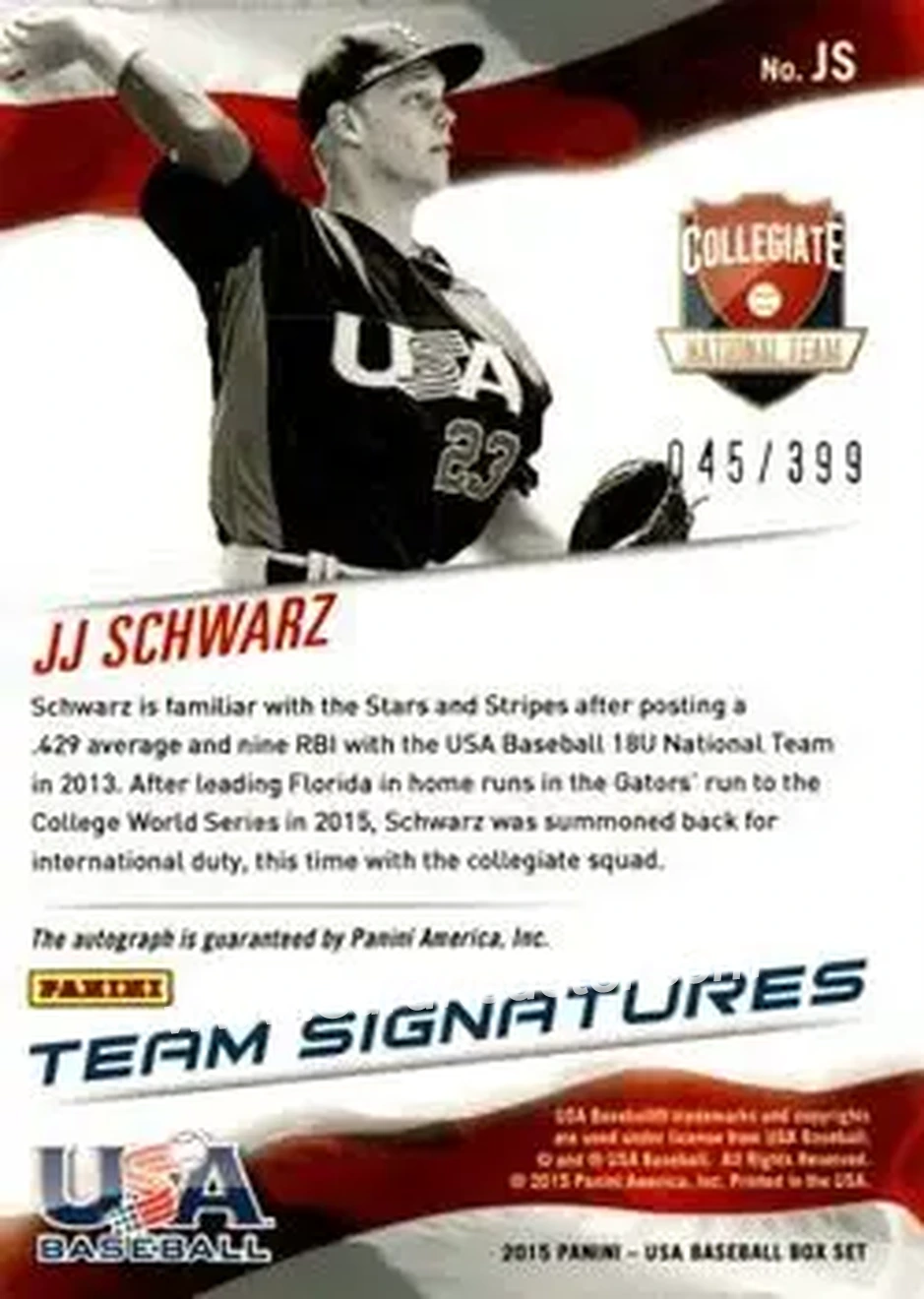 2015 Panini USA Baseball - Collegiate National Team Signatures #JS - JJ Schwarz - USA - Back