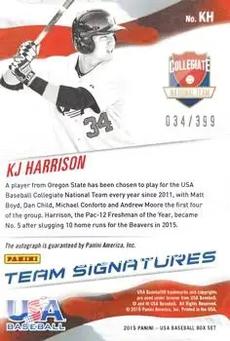 2015 Panini USA Baseball - Collegiate National Team Signatures #KH - KJ Harrison - USA - Back