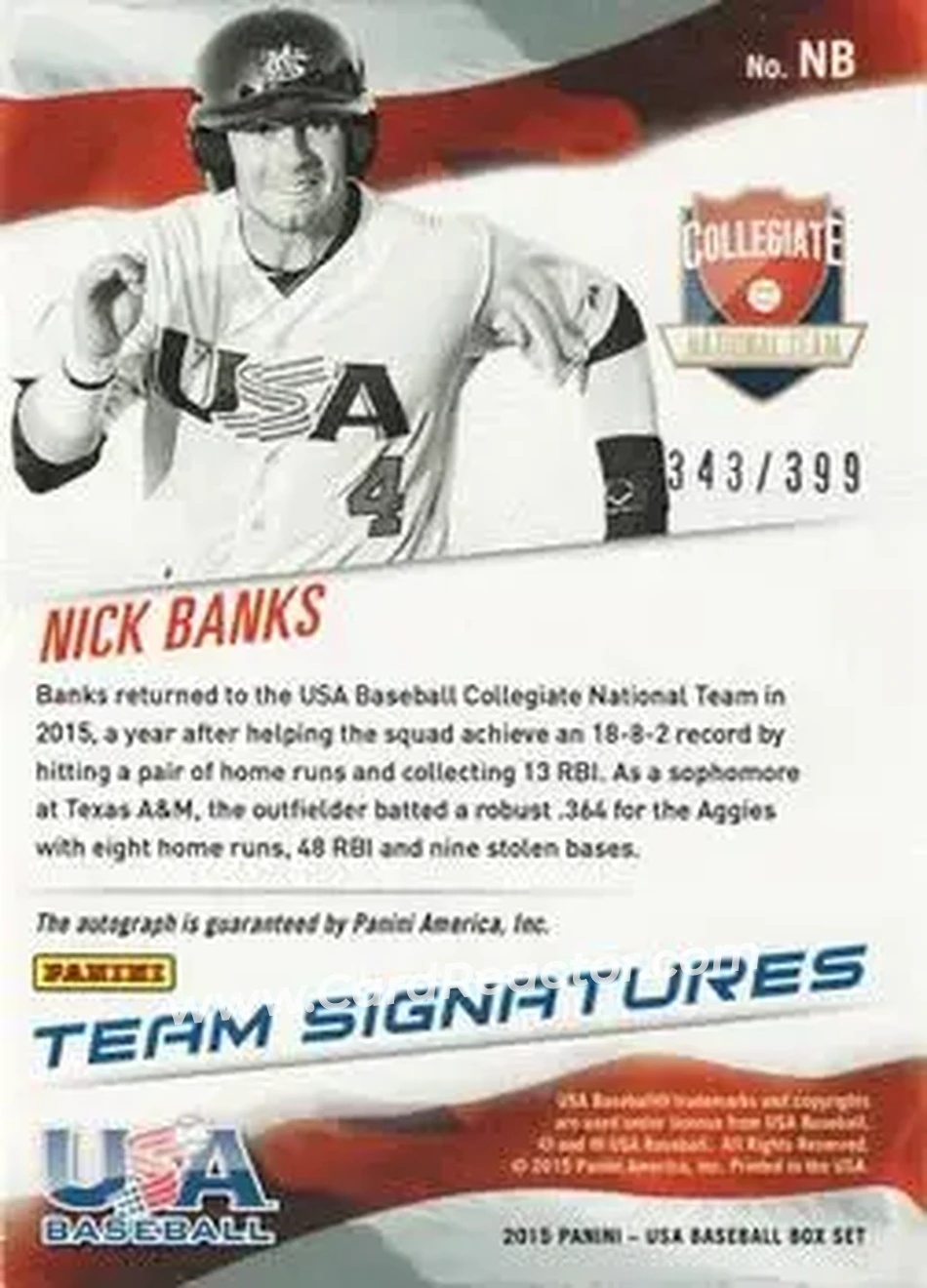 2015 Panini USA Baseball - Collegiate National Team Signatures #NB - Nick Banks - USA - Back