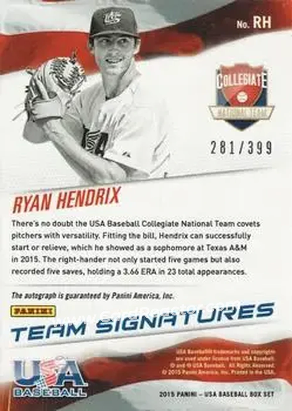2015 Panini USA Baseball - Collegiate National Team Signatures #RH - Ryan Hendrix - USA - Back