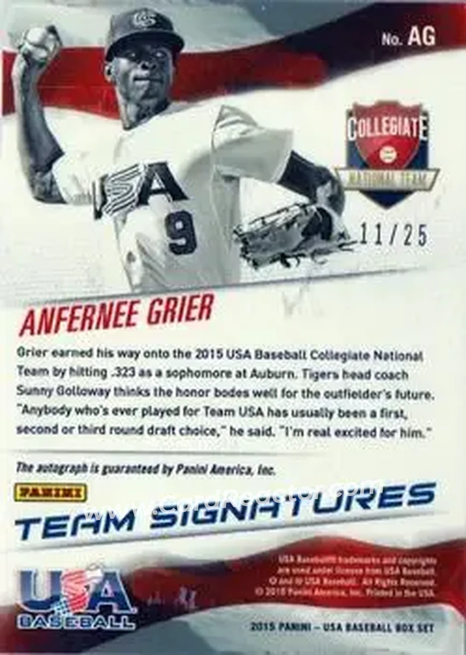 2015 Panini USA Baseball - Collegiate National Team Signatures Red Ink #AG - Anfernee Grier - USA - Back