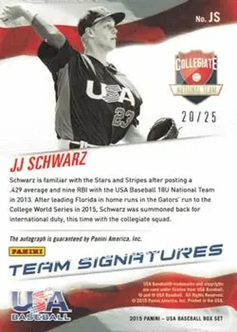 2015 Panini USA Baseball - Collegiate National Team Signatures Red Ink #JS - JJ Schwarz - USA - Back
