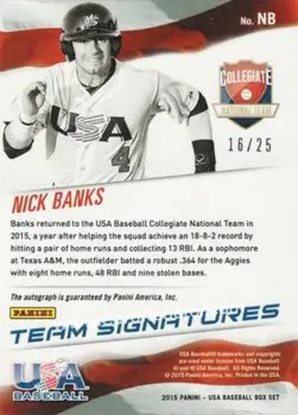 2015 Panini USA Baseball - Collegiate National Team Signatures Red Ink #NB - Nick Banks - USA - Back