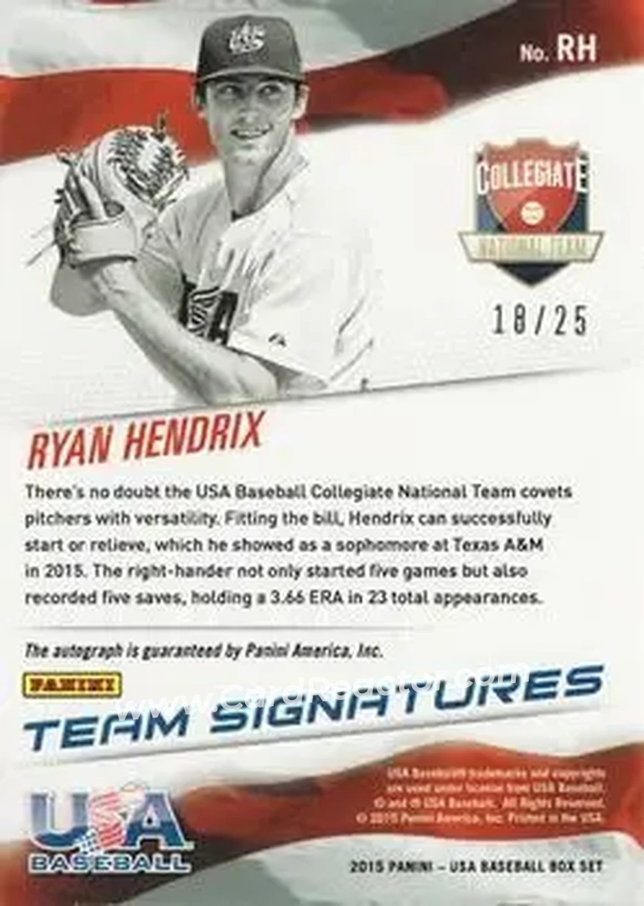 2015 Panini USA Baseball - Collegiate National Team Signatures Red Ink #RH - Ryan Hendrix - USA - Back