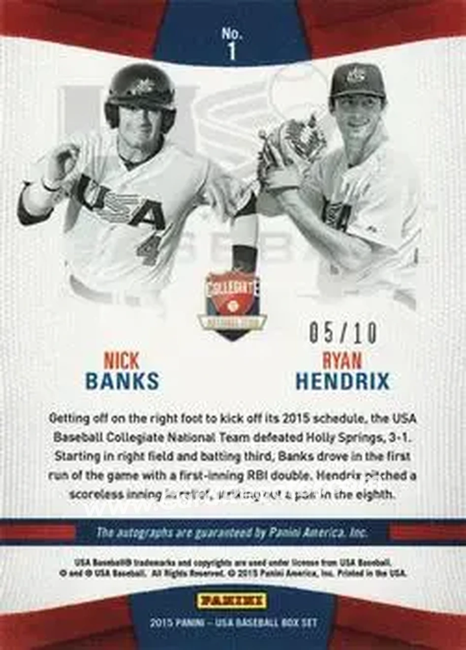 2015 Panini USA Baseball - Connections Signatures #1 - Nick Banks - Ryan Hendrix AU, SN10 - USA - USA - Back