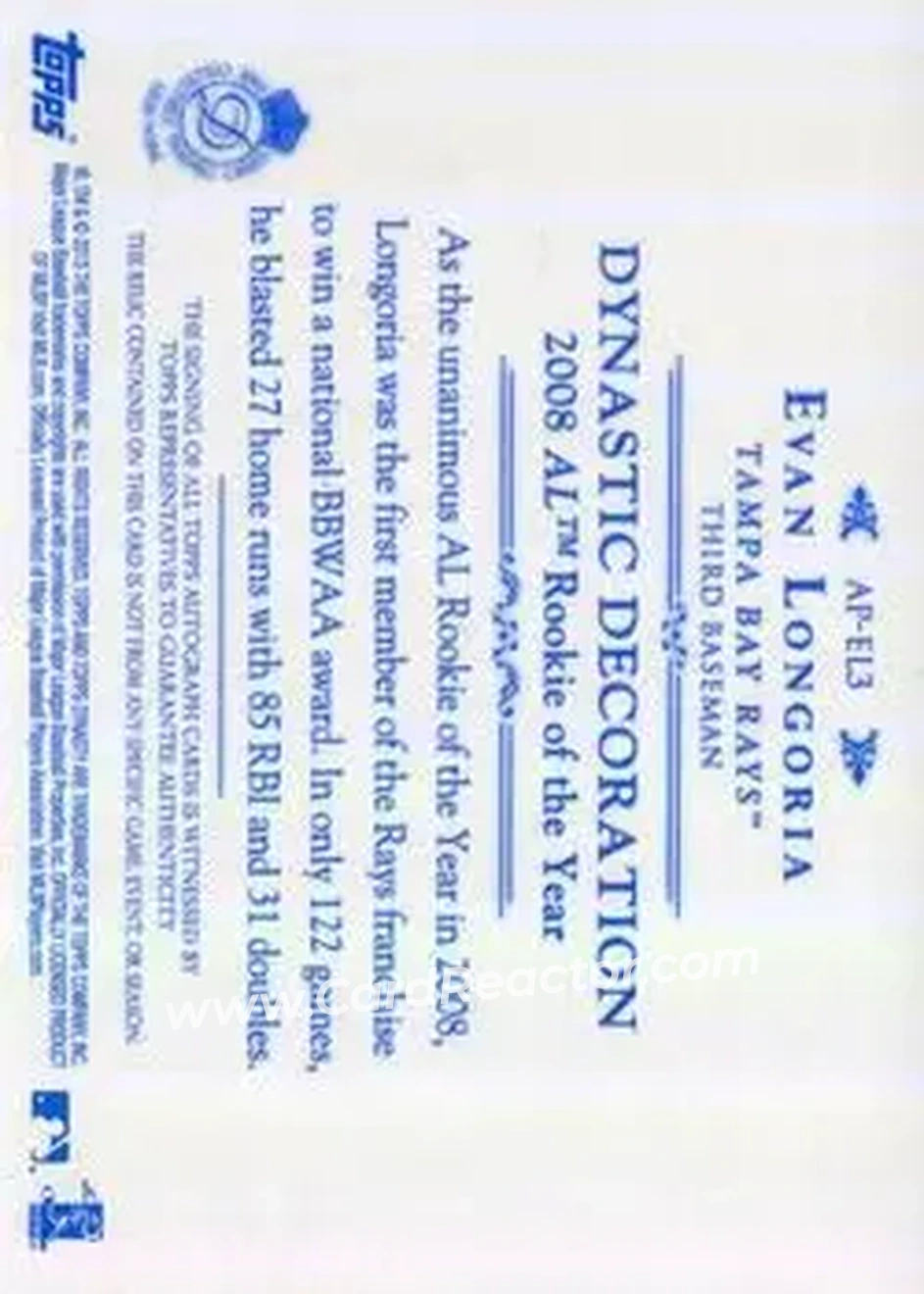 2015 Topps Dynasty #AP-EL3 - Evan Longoria - Tampa Bay Rays - Back