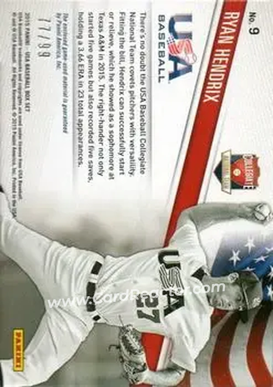 2015 Panini USA Baseball - Collegiate National Team Jerseys #9 - Ryan Hendrix - USA - Back 2015 Panini USA Baseball - Collegiate National Team Jerseys #9 - Ryan Hendrix - USA - Back