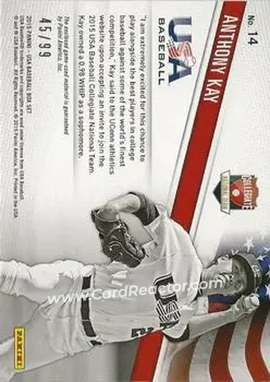 2015 Panini USA Baseball - Collegiate National Team Jerseys #14 - Anthony Kay - USA - Back