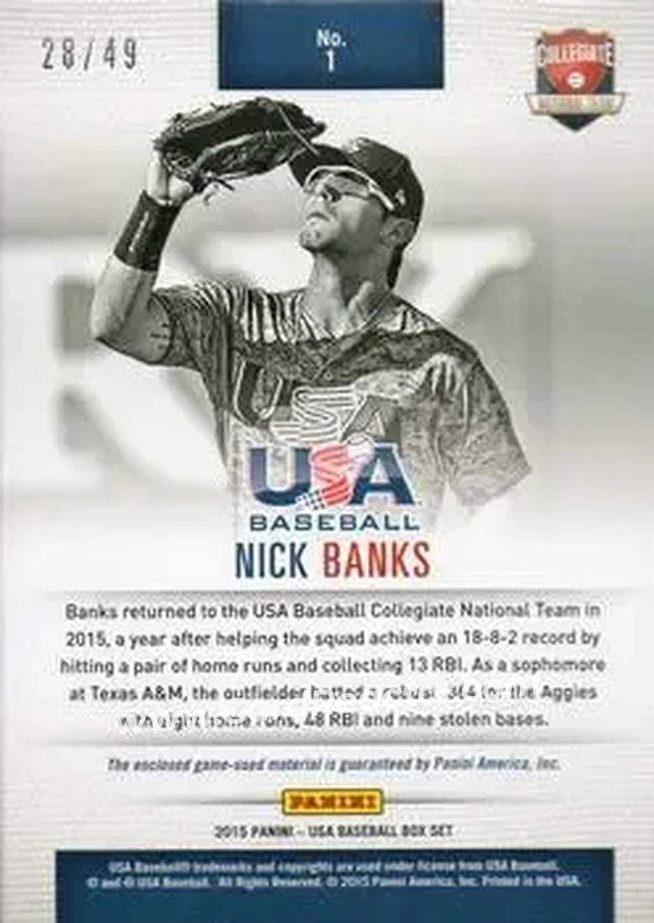 2015 Panini USA Baseball - Collegiate National Team Jerseys Jumbo #1 - Nick Banks - USA - Back