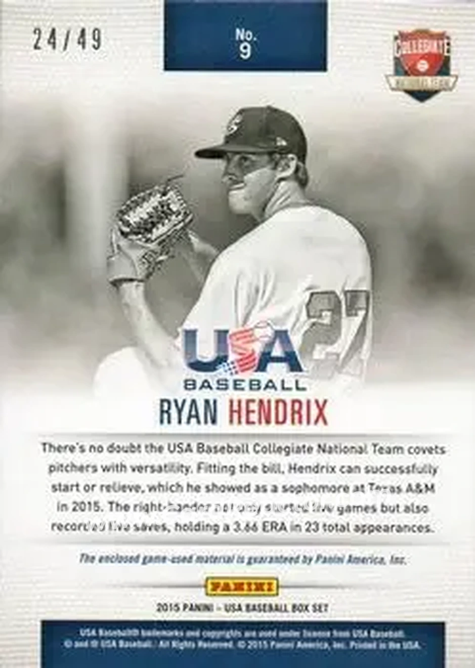 2015 Panini USA Baseball - Collegiate National Team Jerseys Jumbo #9 - Ryan Hendrix - USA - Back
