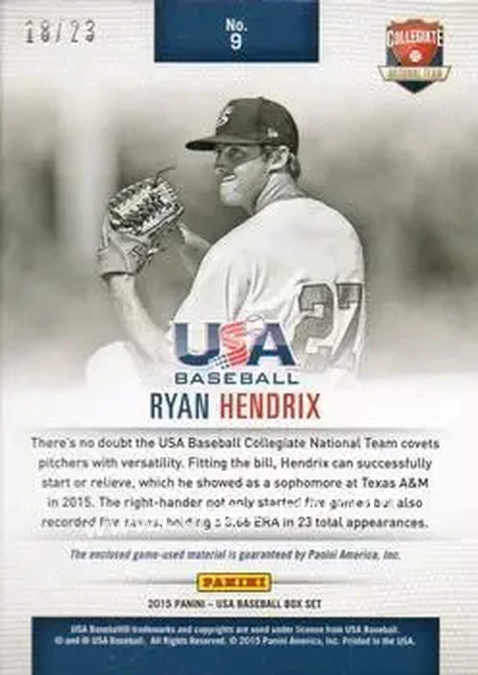 2015 Panini USA Baseball - Collegiate National Team Jerseys Jumbo Prime #9 - Ryan Hendrix - USA - Back