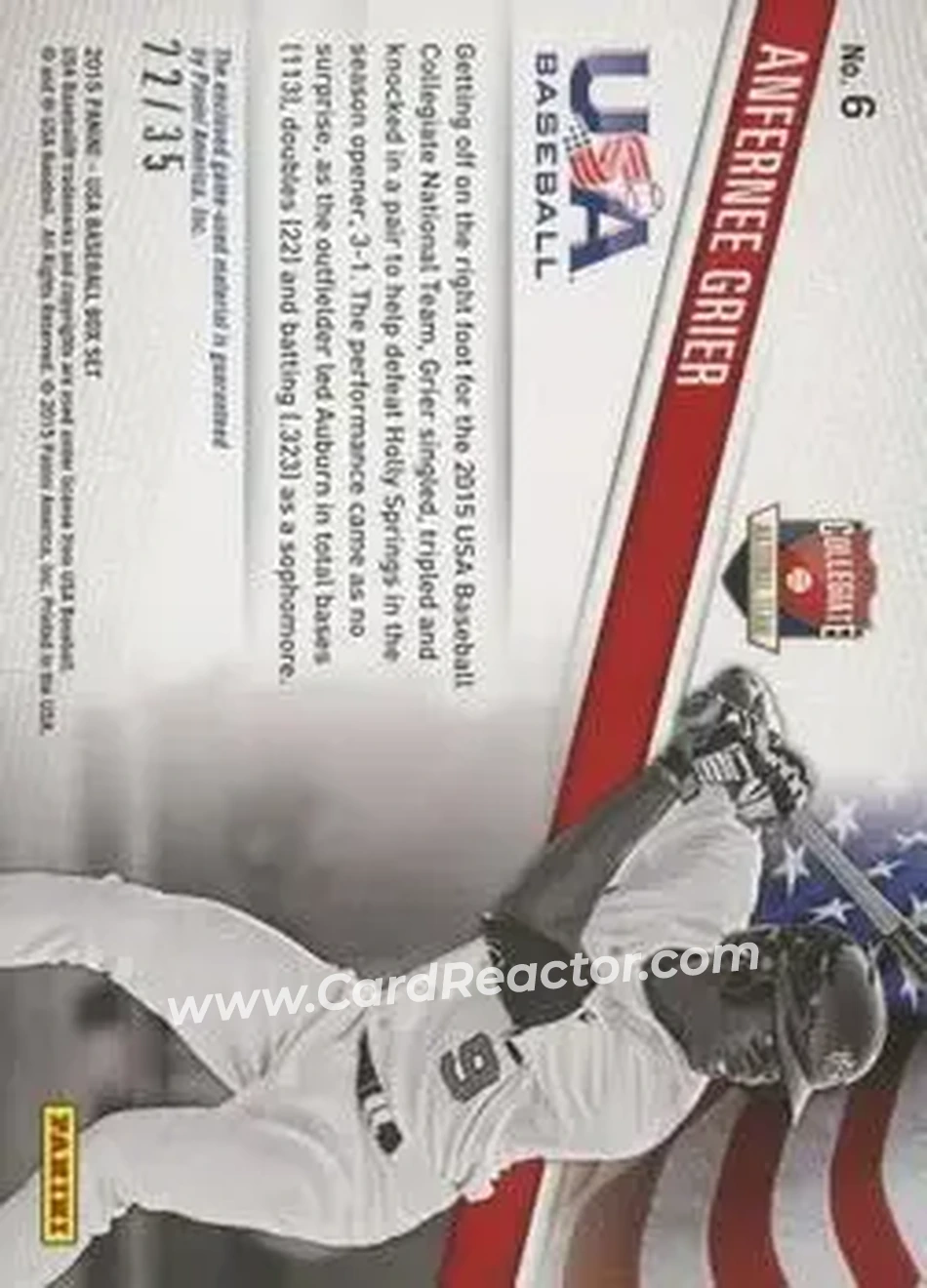 2015 Panini USA Baseball - Collegiate National Team Jerseys Prime #6 - Anfernee Grier - USA - Back