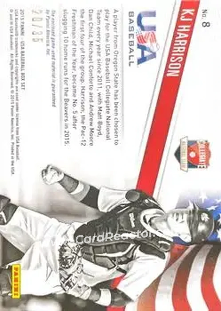 2015 Panini USA Baseball - Collegiate National Team Jerseys Prime #8 - KJ Harrison - USA - Back