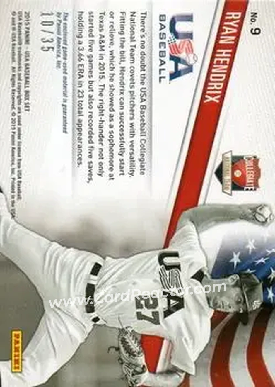 2015 Panini USA Baseball - Collegiate National Team Jerseys Prime #9 - Ryan Hendrix - USA - Back