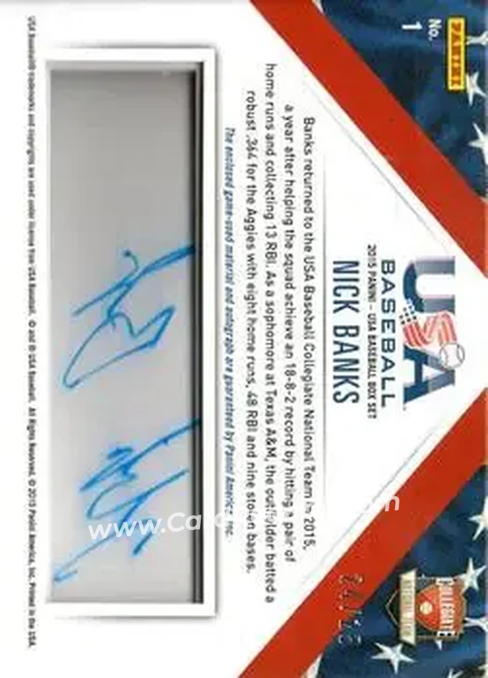 2015 Panini USA Baseball - Collegiate National Team Jerseys Prime Signatures #1 - Nick Banks - USA - Back