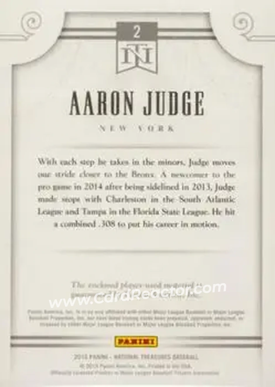 2015 Panini National Treasures - Fielding Gloves #2 - Aaron Judge - New York Yankees - Back
